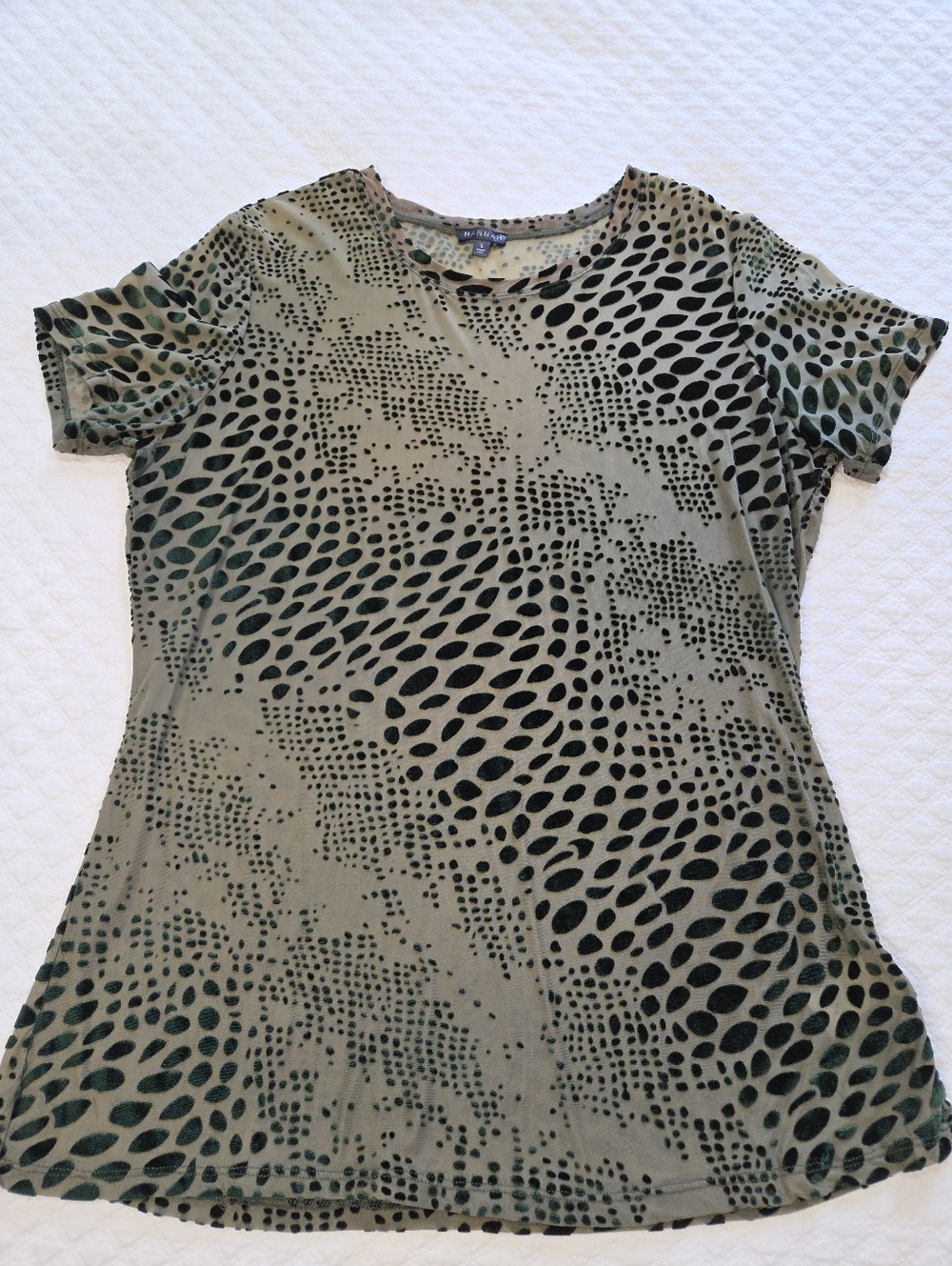 Hannah Green Velvet Burnout Mesh T Shirt Size Large Animal Print Short Sleeve